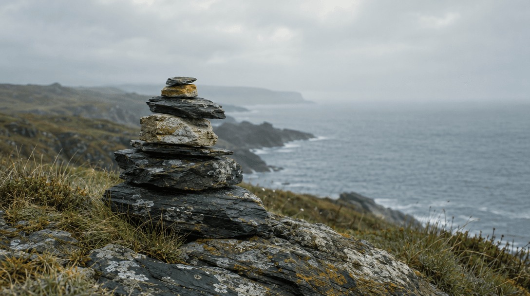 Weathered stones gathered into a small cairn on a misty Atlantic shoreline
